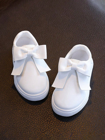 1 Pair Girls' Pure White Ballet Shoes With 3D Bow, Hook And Loop Closure, Easy On/Off, Versatile School Shoes For Toddlers