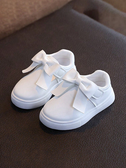 1 Pair Girls' Pure White Ballet Shoes With 3D Bow, Hook And Loop Closure, Easy On/Off, Versatile School Shoes For Toddlers