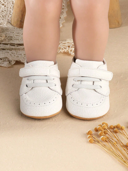 1 Pair Newborn Infant Solid Color PU Hook And Loop Flat Design Infant Prewalker Shoes, Suitable For Indoor And Outdoor, Spring & Autumn