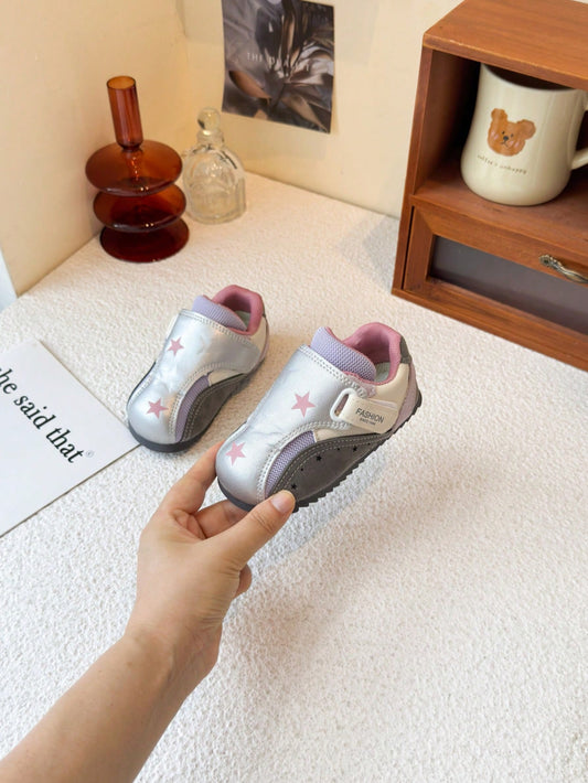 1 Pair Popular Girls' Star Silver Casual Shoes, Soft Sole, Anti-Slip, Breathable, Hook And Loop, Toddler Daily Versatile Walking Shoes