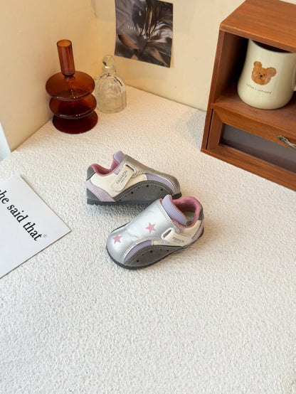 1 Pair Popular Girls' Star Silver Casual Shoes, Soft Sole, Anti-Slip, Breathable, Hook And Loop, Toddler Daily Versatile Walking Shoes