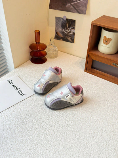 1 Pair Popular Girls' Star Silver Casual Shoes, Soft Sole, Anti-Slip, Breathable, Hook And Loop, Toddler Daily Versatile Walking Shoes