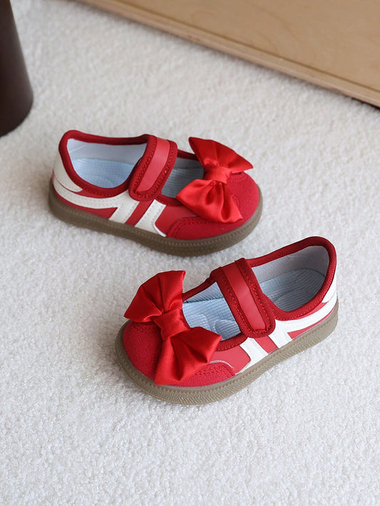 1 Pair Red Bow Mary Jane Shoes For Girls, Soft Sole Anti-Slip Baby Walking Shoes, Fashion Durable Flat Shoes
