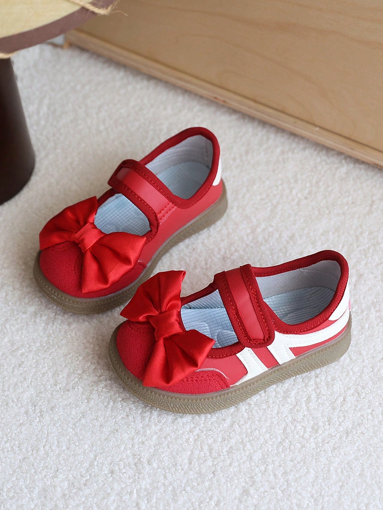 1 Pair Red Bow Mary Jane Shoes For Girls, Soft Sole Anti-Slip Baby Walking Shoes, Fashion Durable Flat Shoes