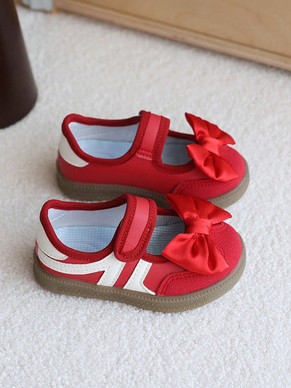 1 Pair Red Bow Mary Jane Shoes For Girls, Soft Sole Anti-Slip Baby Walking Shoes, Fashion Durable Flat Shoes