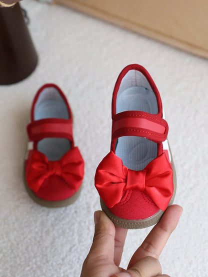 1 Pair Red Bow Mary Jane Shoes For Girls, Soft Sole Anti-Slip Baby Walking Shoes, Fashion Durable Flat Shoes