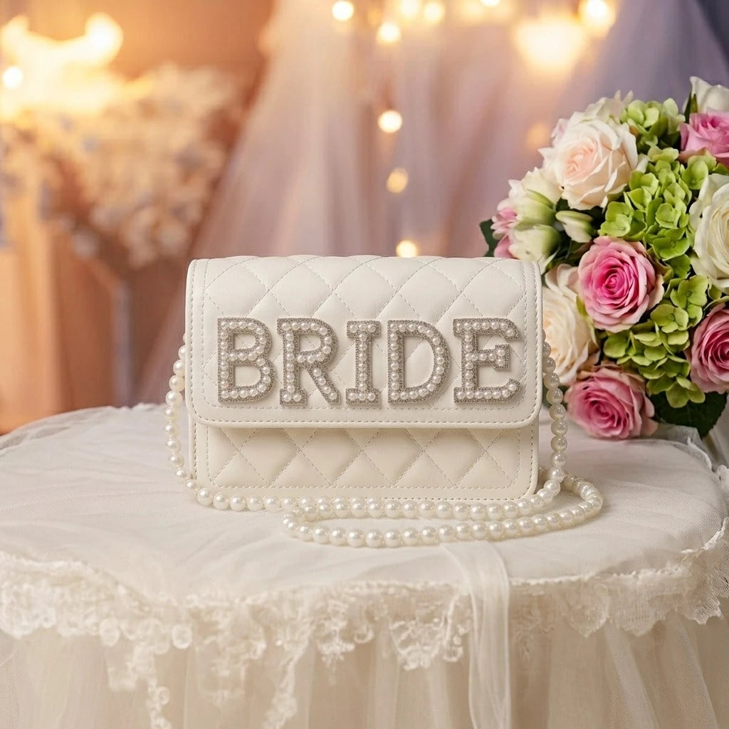 1 Pc Pearl Bride Clutch Bag Bridal Shower Wedding Engagement Honeymoon Trip Bachelorette Hen Party Decoration Wifey Mrs Gift Present, Elegant Pearl Bag
