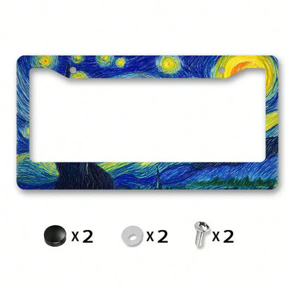 1 Piece 2D Flat, Starry Night Van Gogh Style Metal License Plate Frame- Durable Aluminum Car Decoration, Cloud Sky Design, Ideal For Outdoor Use And Cultural Festivals, Car Accessories, Holiday Decor