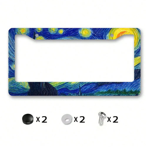 1 Piece 2D Flat, Starry Night Van Gogh Style Metal License Plate Frame- Durable Aluminum Car Decoration, Cloud Sky Design, Ideal For Outdoor Use And Cultural Festivals, Car Accessories, Holiday Decor