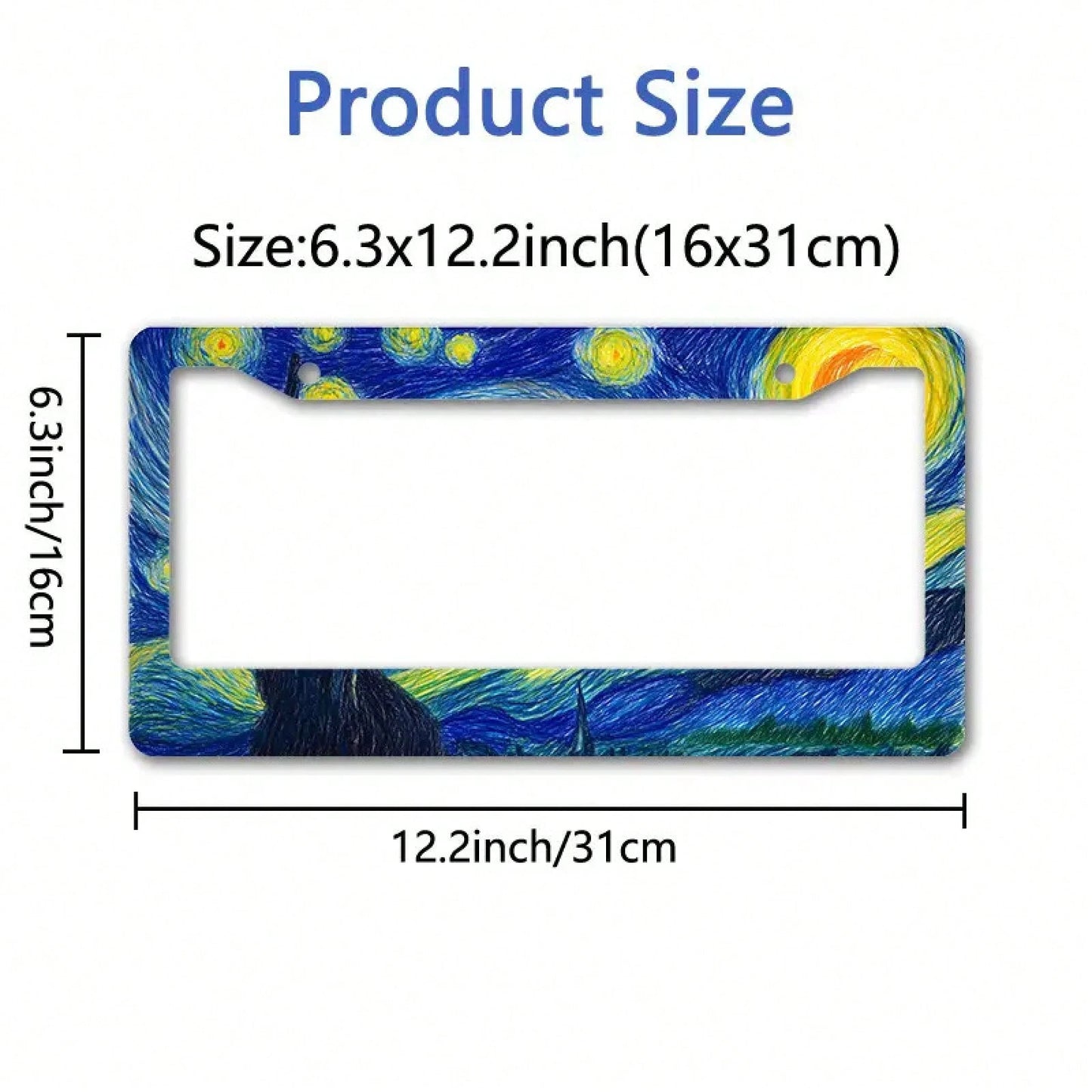 1 Piece 2D Flat, Starry Night Van Gogh Style Metal License Plate Frame- Durable Aluminum Car Decoration, Cloud Sky Design, Ideal For Outdoor Use And Cultural Festivals, Car Accessories, Holiday Decor