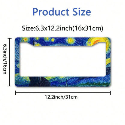 1 Piece 2D Flat, Starry Night Van Gogh Style Metal License Plate Frame- Durable Aluminum Car Decoration, Cloud Sky Design, Ideal For Outdoor Use And Cultural Festivals, Car Accessories, Holiday Decor