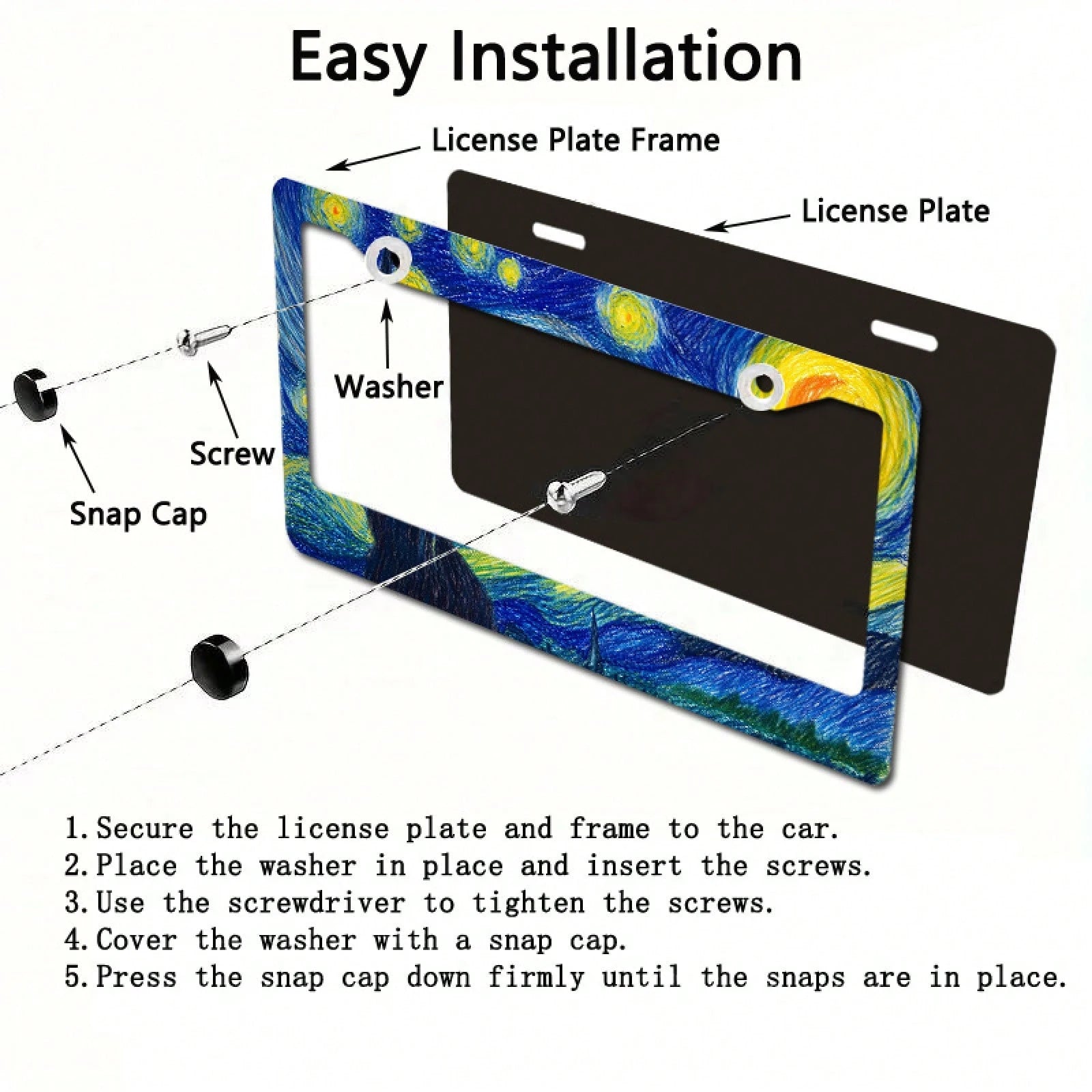 1 Piece 2D Flat, Starry Night Van Gogh Style Metal License Plate Frame- Durable Aluminum Car Decoration, Cloud Sky Design, Ideal For Outdoor Use And Cultural Festivals, Car Accessories, Holiday Decor