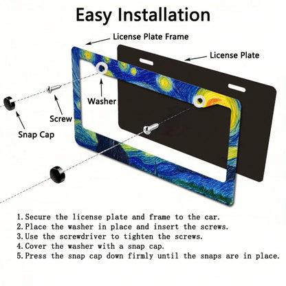 1 Piece 2D Flat, Starry Night Van Gogh Style Metal License Plate Frame- Durable Aluminum Car Decoration, Cloud Sky Design, Ideal For Outdoor Use And Cultural Festivals, Car Accessories, Holiday Decor