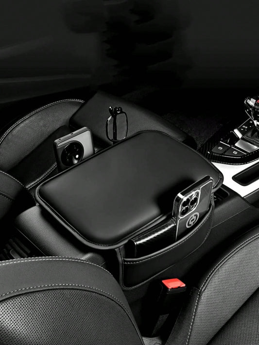 1 Piece Of All-Season Car Interior Napa Leather Full Leather Car Armrest Box Pad, Thin Central Armrest Box Protection Pad With Storage Bags On Both Sides, Suitable For Most Car Models,Car Accessories