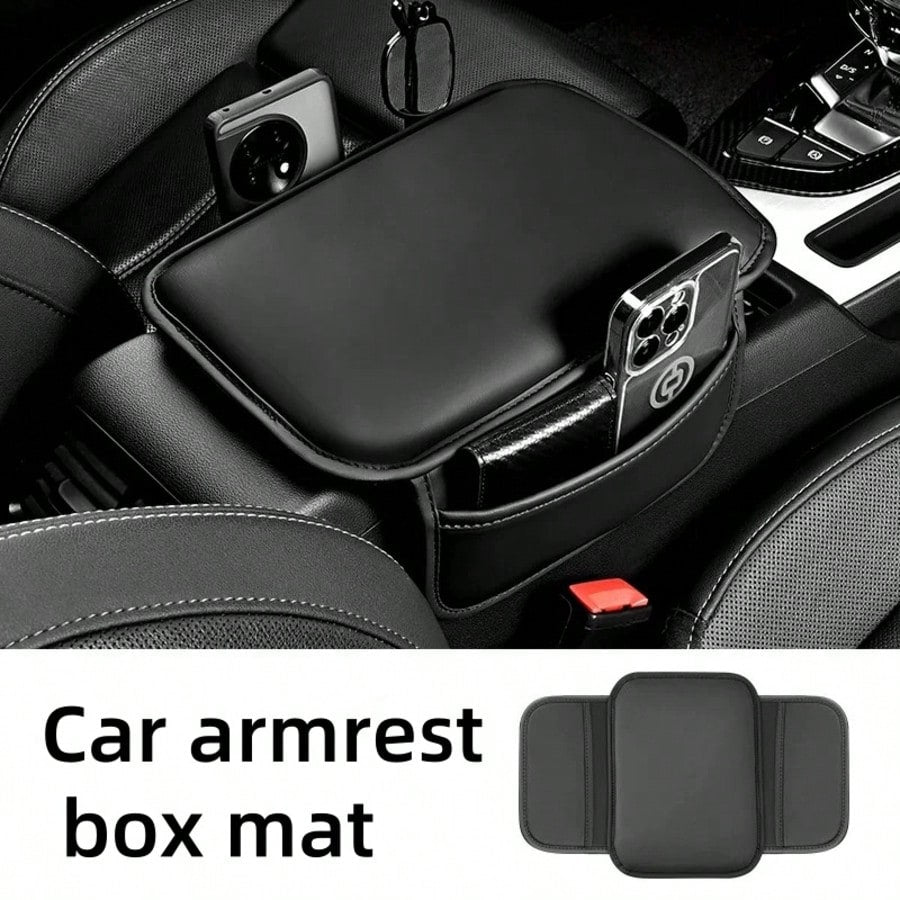 1 Piece Of All-Season Car Interior Napa Leather Full Leather Car Armrest Box Pad, Thin Central Armrest Box Protection Pad With Storage Bags On Both Sides, Suitable For Most Car Models,Car Accessories