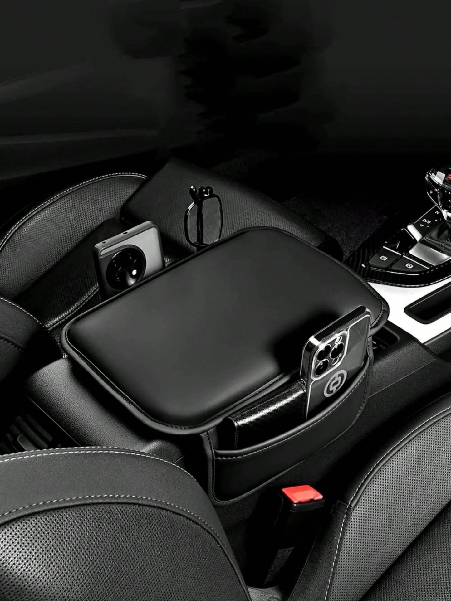 1 Piece Of All-Season Car Interior Napa Leather Full Leather Car Armrest Box Pad, Thin Central Armrest Box Protection Pad With Storage Bags On Both Sides, Suitable For Most Car Models,Car Accessories