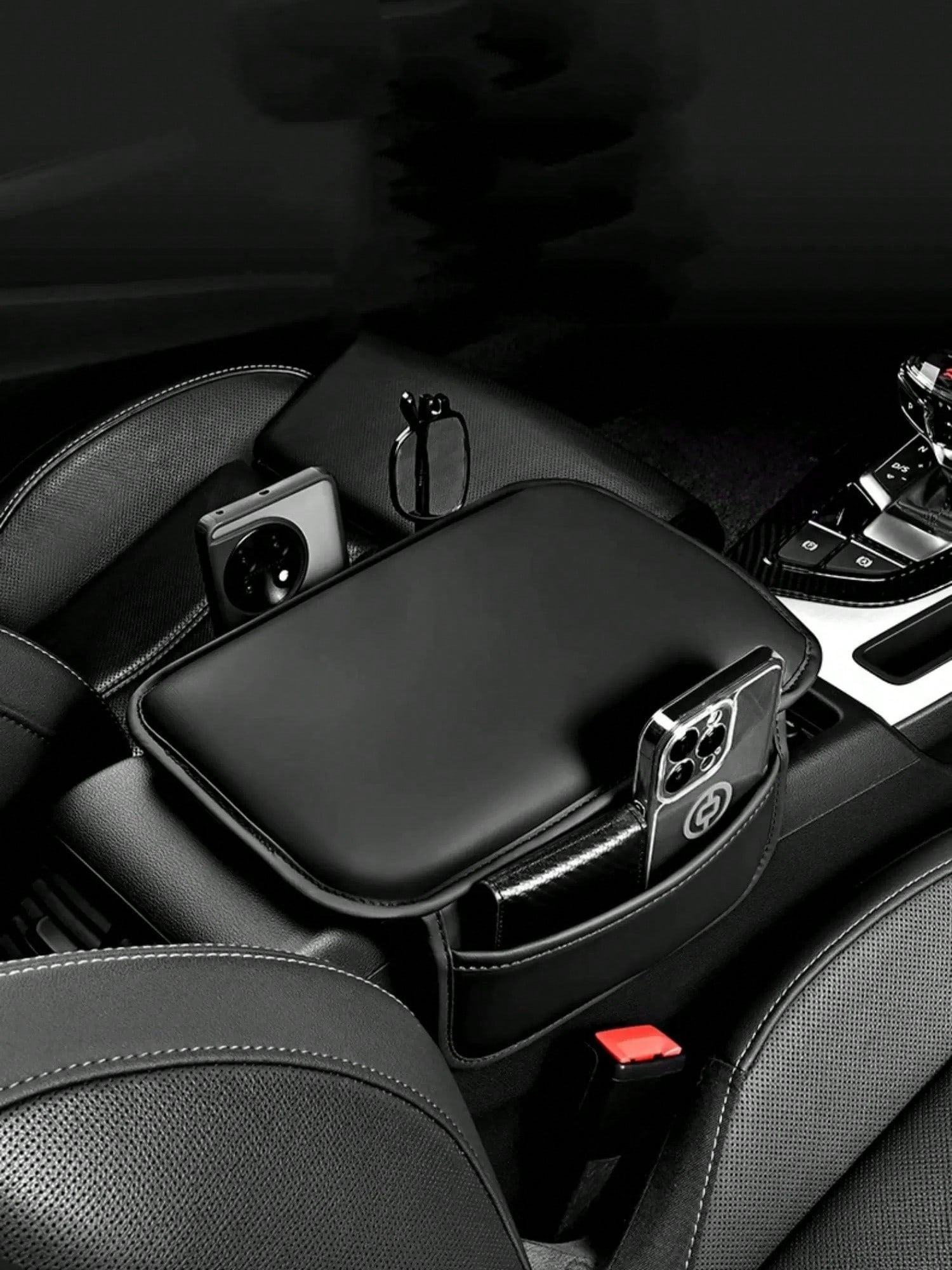 1 Piece Of All-Season Car Interior Napa Leather Full Leather Car Armrest Box Pad, Thin Central Armrest Box Protection Pad With Storage Bags On Both Sides, Suitable For Most Car Models,Car Accessories