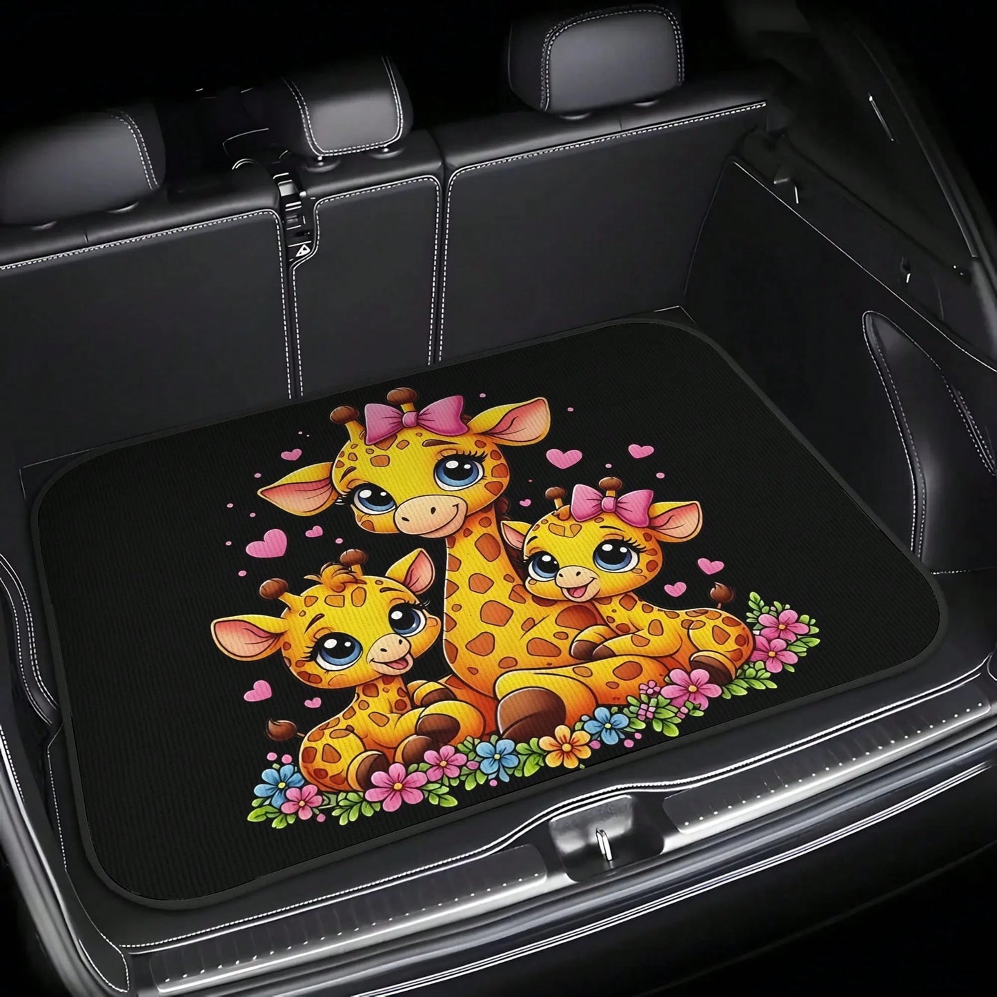 1-Piece Set Of Baby And Mother Giraffe Pink Bow Heart Pattern Car Trunk Mat- Brightly Colored Design, Durable And Fits The Car Model's Trunk Perfectly, A Perfect Holiday Gift For Housewarming, Suitab