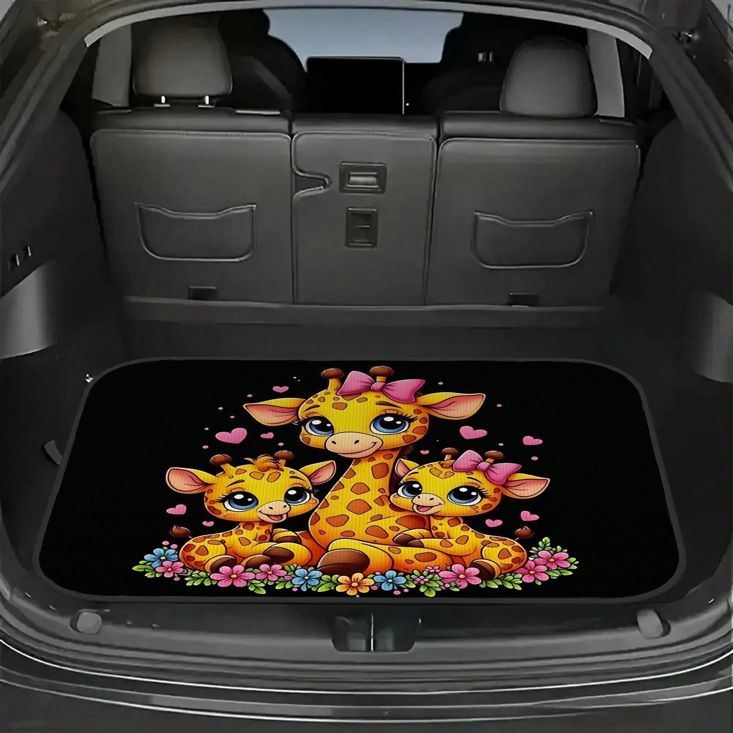 1-Piece Set Of Baby And Mother Giraffe Pink Bow Heart Pattern Car Trunk Mat- Brightly Colored Design, Durable And Fits The Car Model's Trunk Perfectly, A Perfect Holiday Gift For Housewarming, Suitab