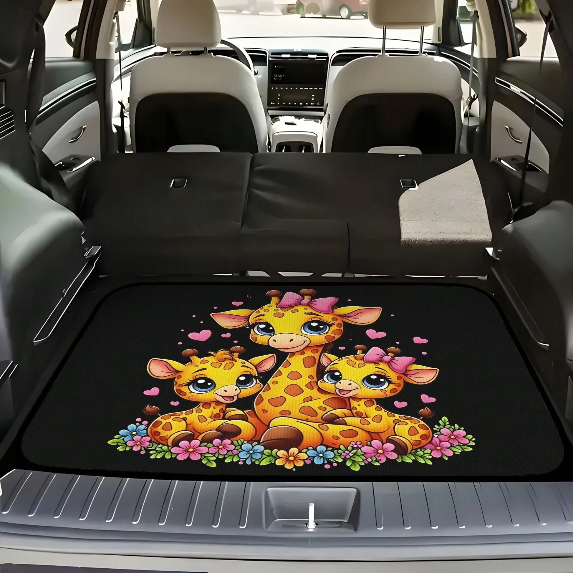 1-Piece Set Of Baby And Mother Giraffe Pink Bow Heart Pattern Car Trunk Mat- Brightly Colored Design, Durable And Fits The Car Model's Trunk Perfectly, A Perfect Holiday Gift For Housewarming, Suitab