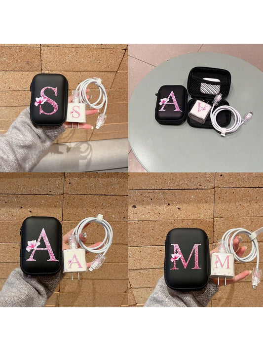 1 Set (1pc Data Cable Organizer Bag + 1pc Charger Protective Case + 2pcs Cable Port Protector + 1pc Cable Tie) UV Printed Floral & Alphabet Design, Compatible With Apple Fast Charger