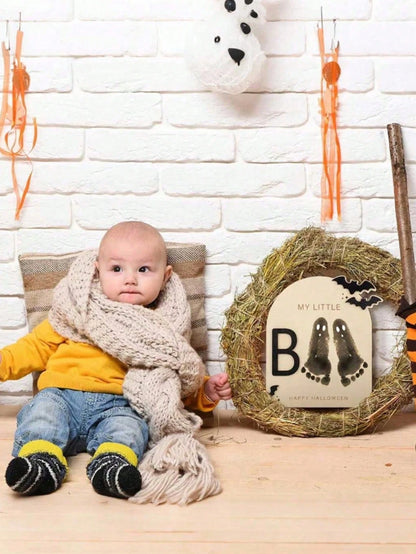 1 Set Halloween "Little Boo" Theme Baby Milestone Footprint Art Wooden Plaque- Newborn Photography Prop, Halloween Baby Shower And Nursery Decor Keepsake Gift, Room Decor, Baby Shower Decor, Baby Sup