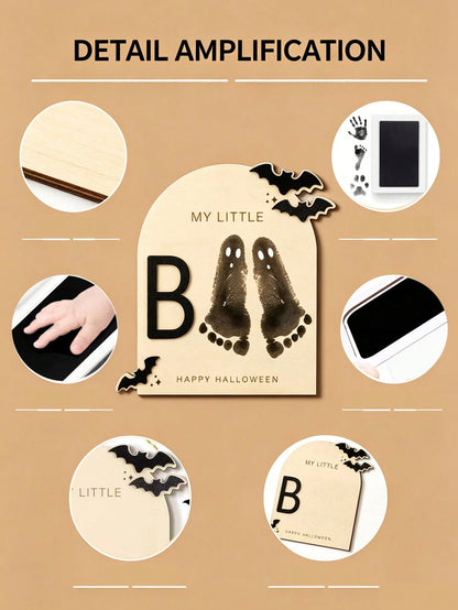 1 Set Halloween "Little Boo" Theme Baby Milestone Footprint Art Wooden Plaque- Newborn Photography Prop, Halloween Baby Shower And Nursery Decor Keepsake Gift, Room Decor, Baby Shower Decor, Baby Sup