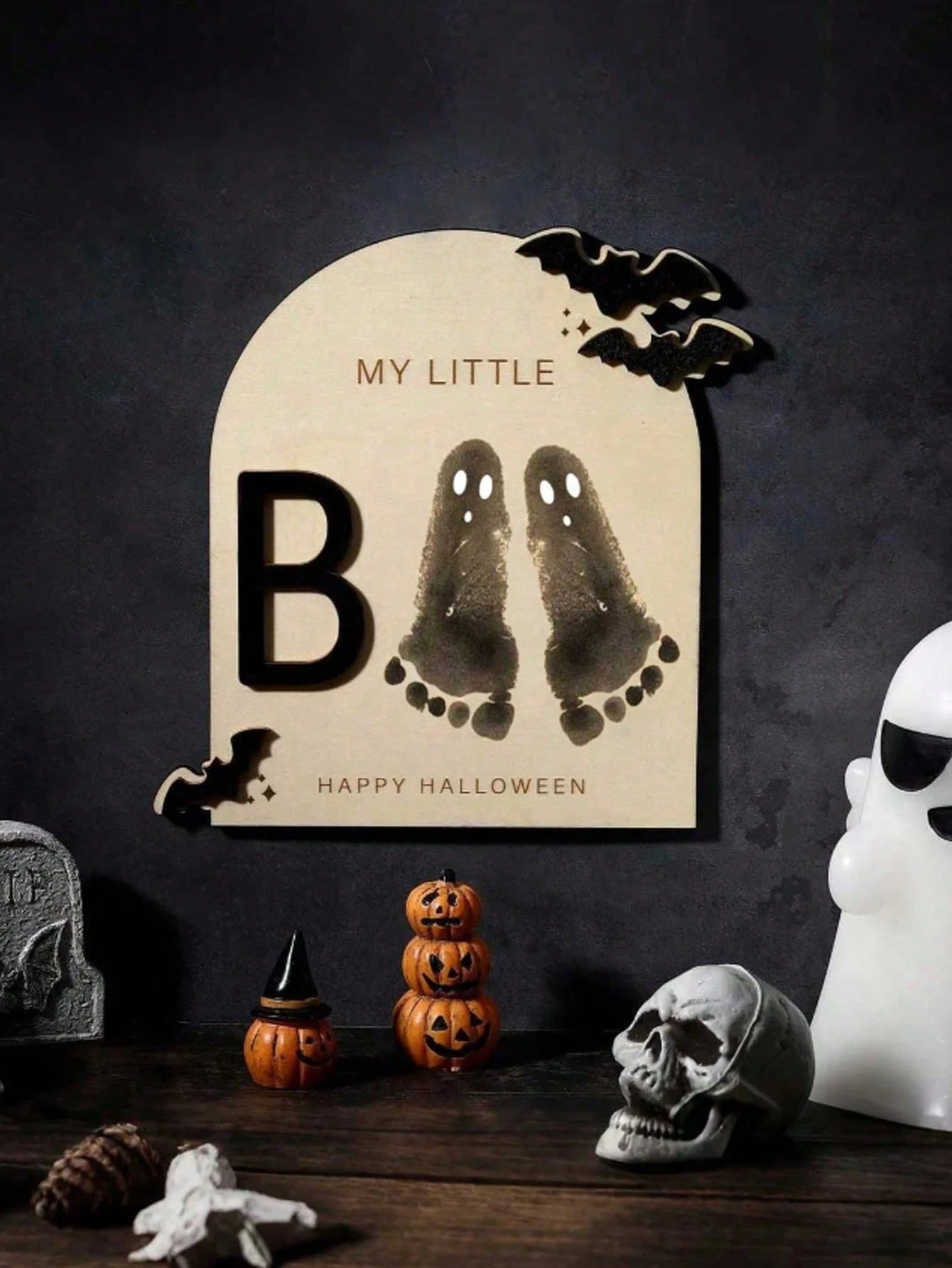 1 Set Halloween "Little Boo" Theme Baby Milestone Footprint Art Wooden Plaque- Newborn Photography Prop, Halloween Baby Shower And Nursery Decor Keepsake Gift, Room Decor, Baby Shower Decor, Baby Sup