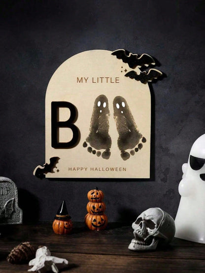 1 Set Halloween "Little Boo" Theme Baby Milestone Footprint Art Wooden Plaque- Newborn Photography Prop, Halloween Baby Shower And Nursery Decor Keepsake Gift, Room Decor, Baby Shower Decor, Baby Sup