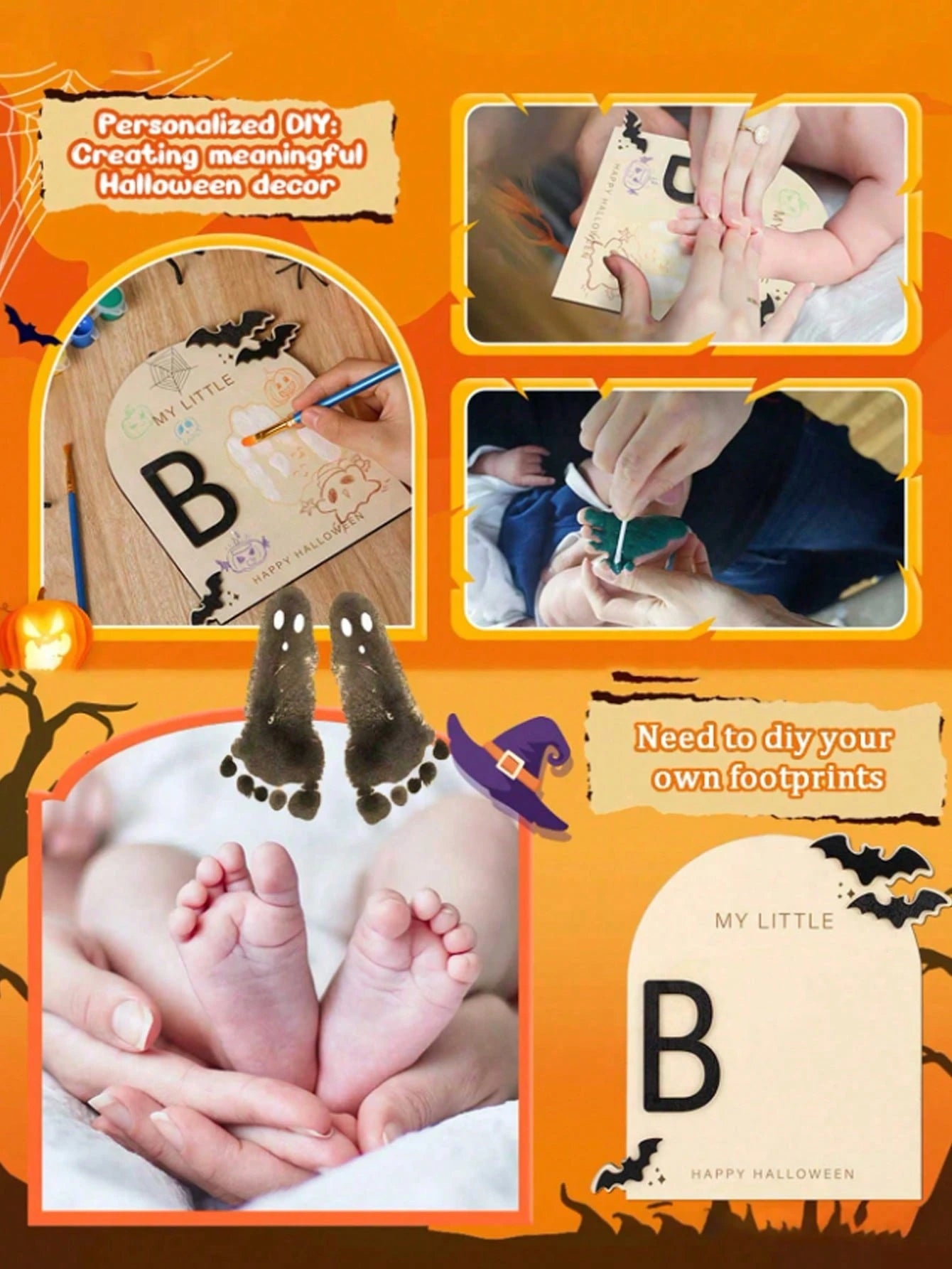 1 Set Halloween "Little Boo" Theme Baby Milestone Footprint Art Wooden Plaque- Newborn Photography Prop, Halloween Baby Shower And Nursery Decor Keepsake Gift, Room Decor, Baby Shower Decor, Baby Sup