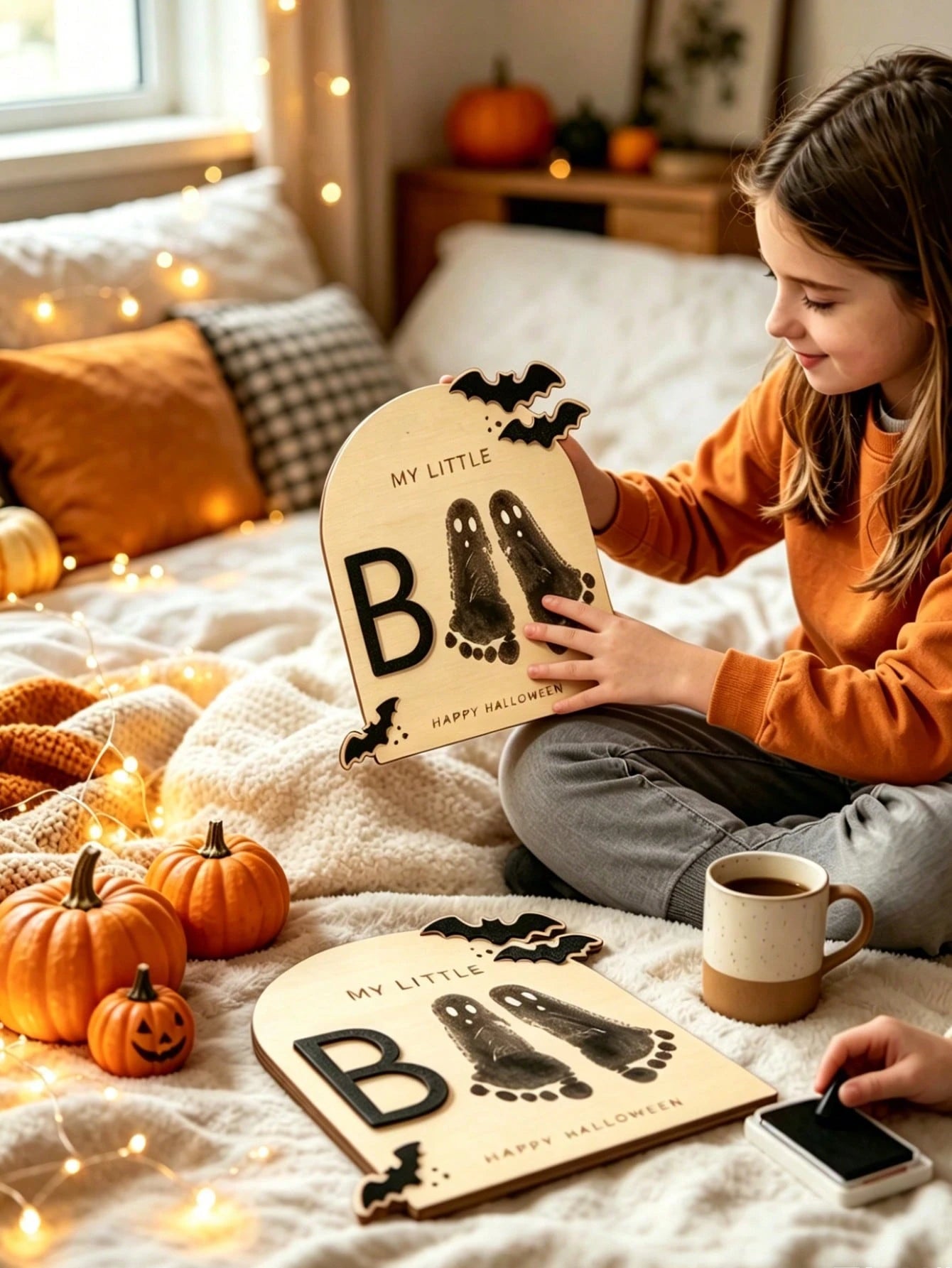 1 Set Halloween "Little Boo" Theme Baby Milestone Footprint Art Wooden Plaque- Newborn Photography Prop, Halloween Baby Shower And Nursery Decor Keepsake Gift, Room Decor, Baby Shower Decor, Baby Sup