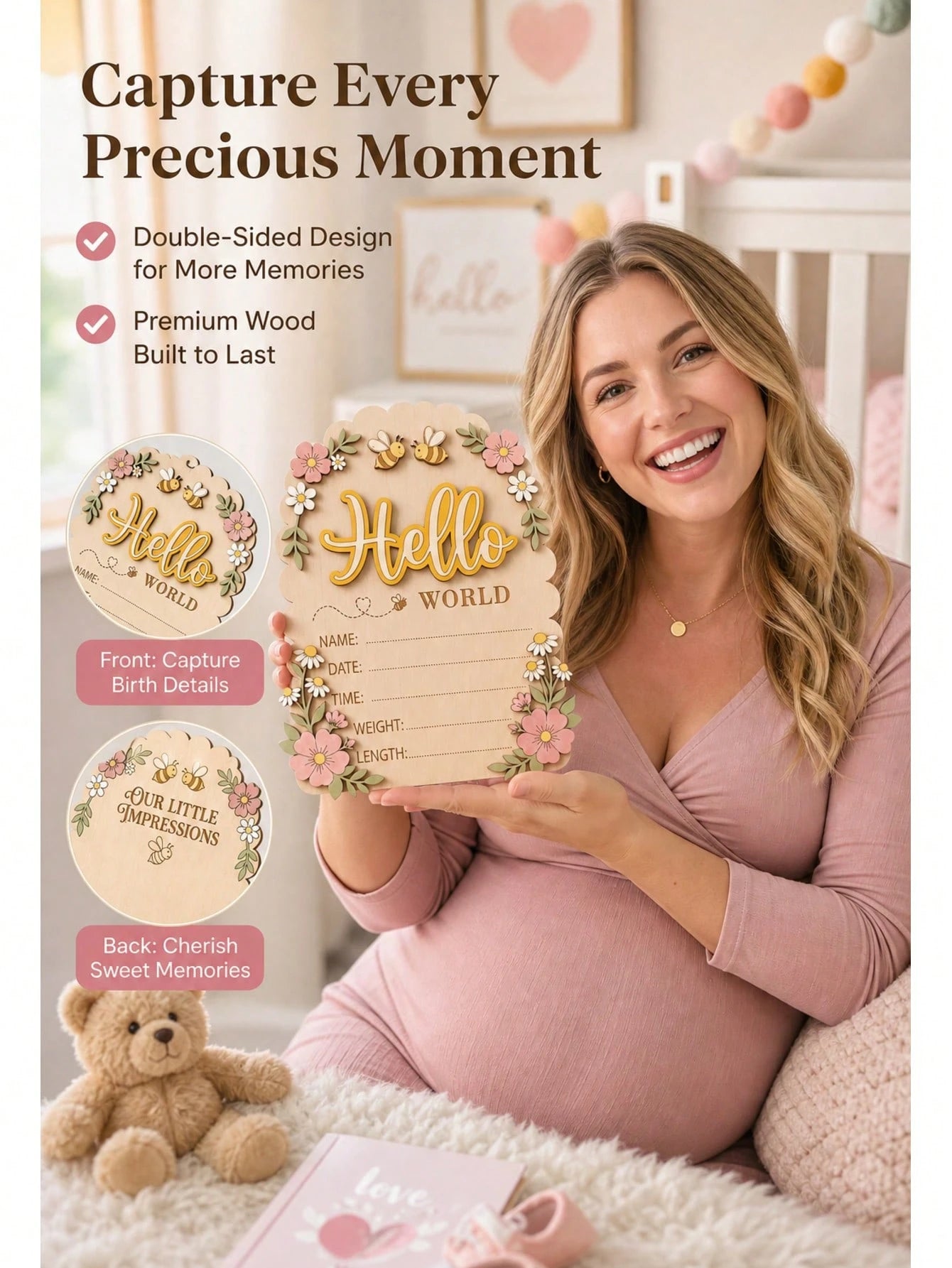 1 Set Newborn 3D Bee & Flower Double-Sided Birth Announcement Plaque, Fresh Pastoral Style, Suitable For Hospital Photos And Daily Decoration, Can Be Used As Hospital Birth Announcement Sign, Baby Bir