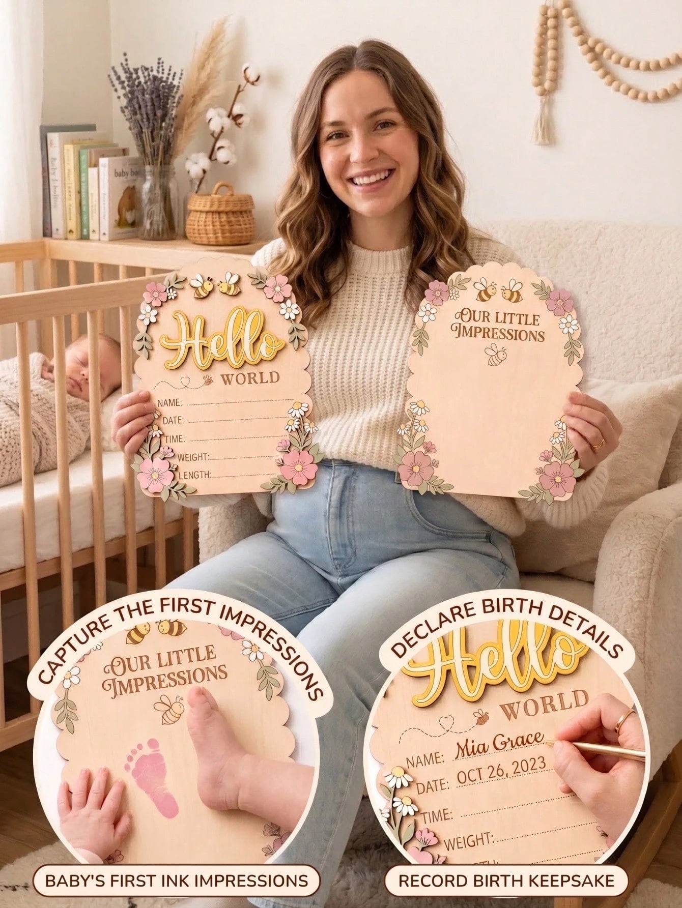 1 Set Newborn 3D Bee & Flower Double-Sided Birth Announcement Plaque, Fresh Pastoral Style, Suitable For Hospital Photos And Daily Decoration, Can Be Used As Hospital Birth Announcement Sign, Baby Bir