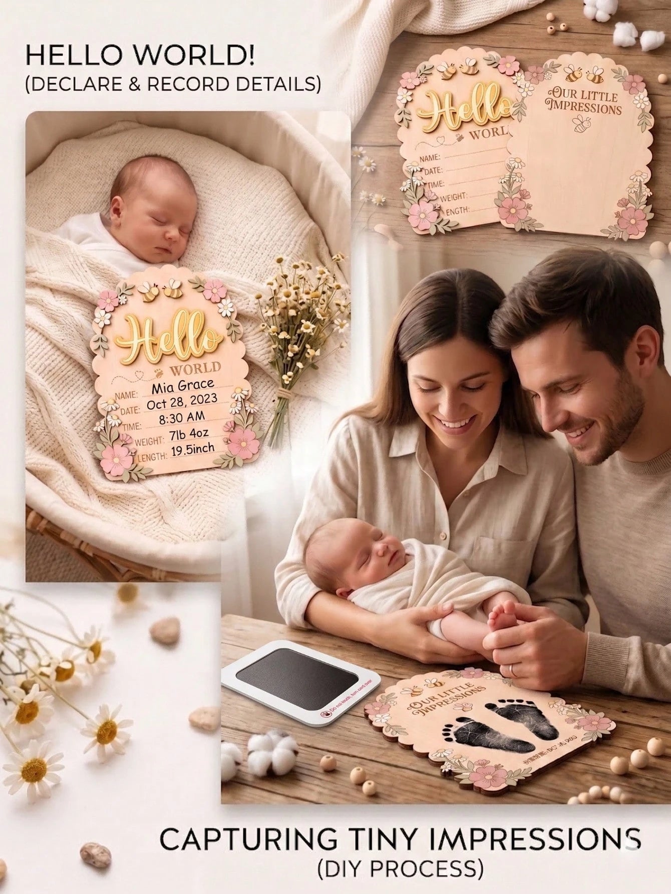1 Set Newborn 3D Bee & Flower Double-Sided Birth Announcement Plaque, Fresh Pastoral Style, Suitable For Hospital Photos And Daily Decoration, Can Be Used As Hospital Birth Announcement Sign, Baby Bir