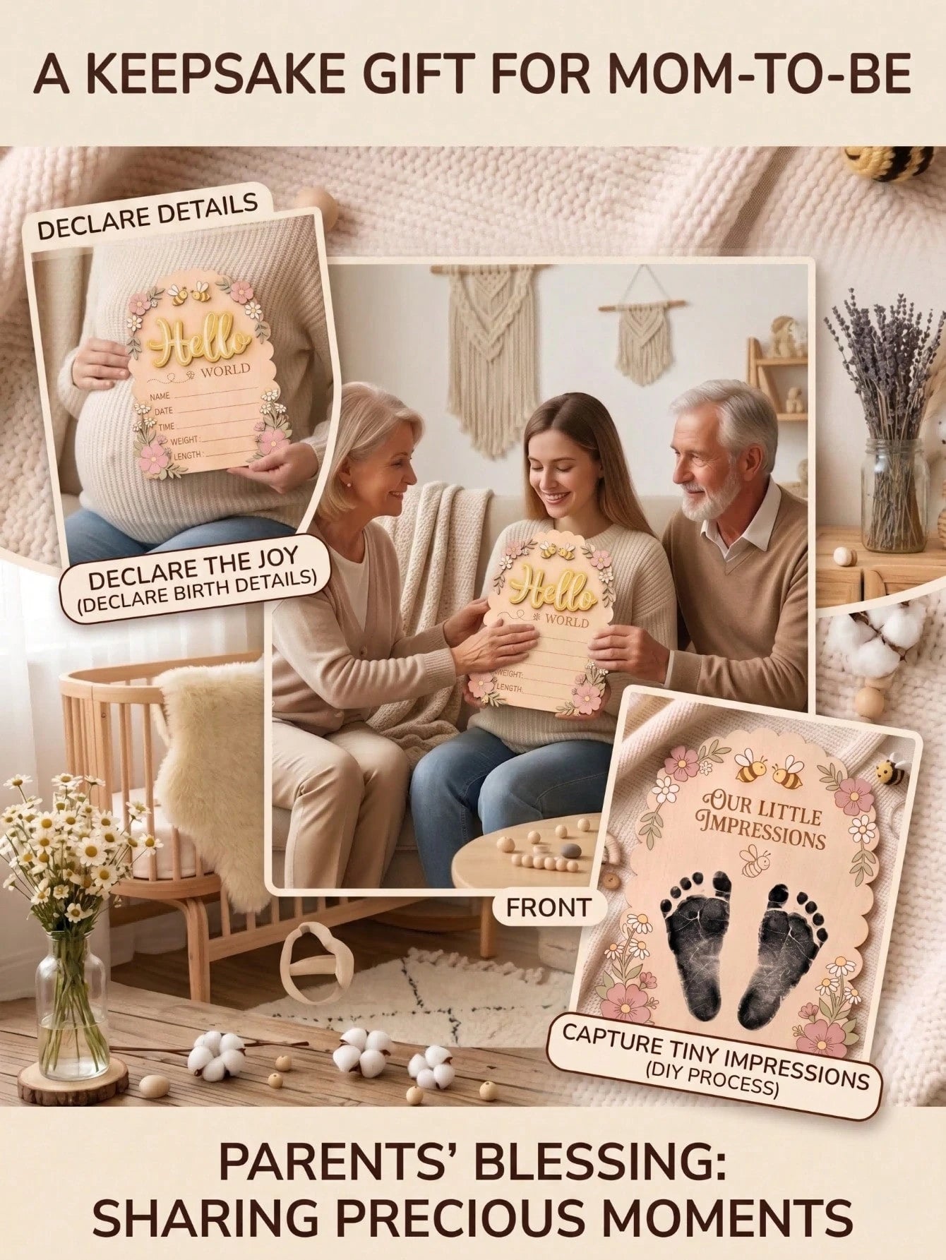 1 Set Newborn 3D Bee & Flower Double-Sided Birth Announcement Plaque, Fresh Pastoral Style, Suitable For Hospital Photos And Daily Decoration, Can Be Used As Hospital Birth Announcement Sign, Baby Bir