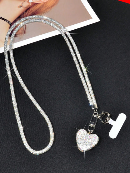 1 Set Silver Super Shiny Luxury Rhinestone Long Phone Heart Buckle Crossbody Lanyard, Creative Sparkling Rhinestone 3D Heart Car Key Chain Bag Charm Pendant, Women's High-End Fashion Full Rhinestone P