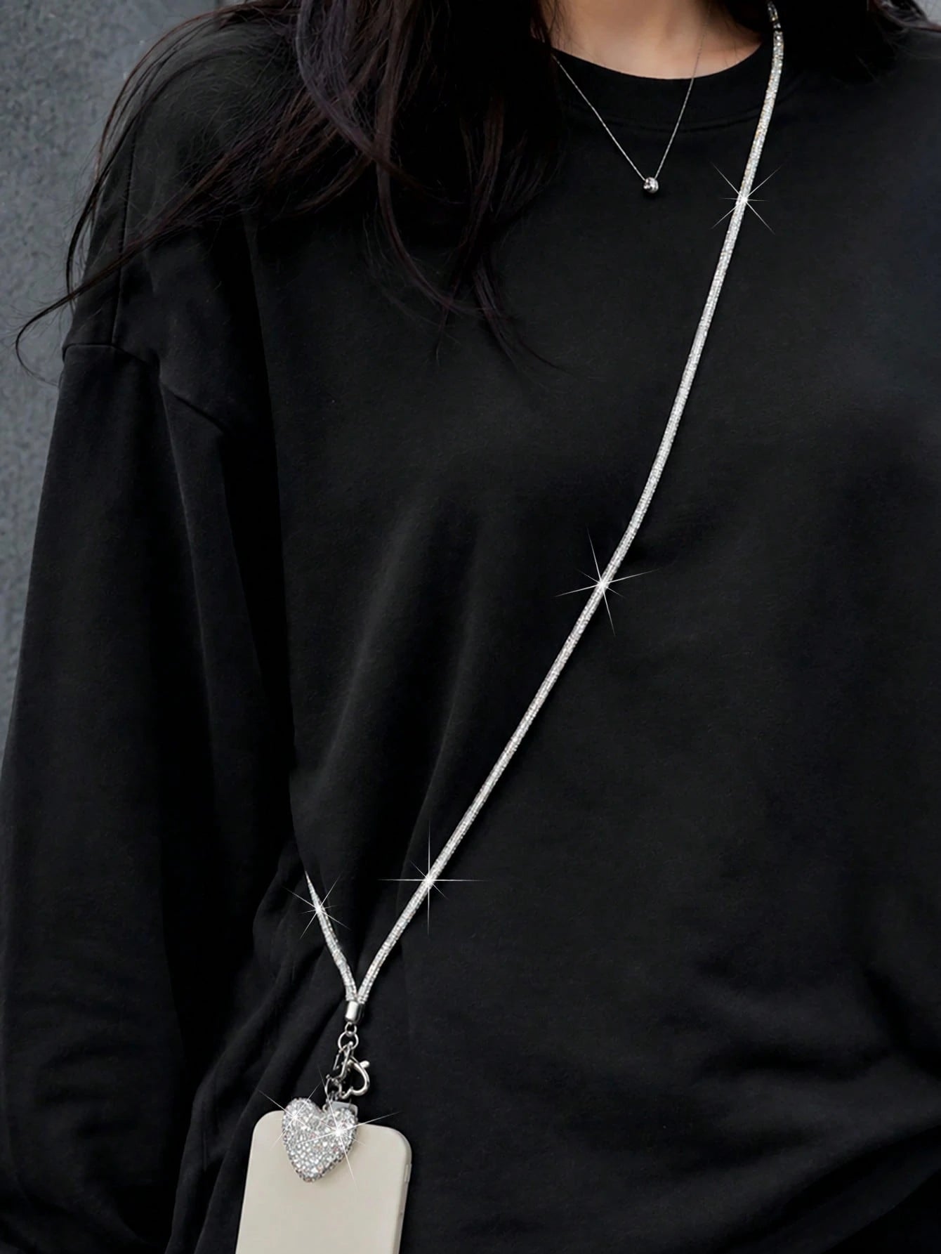 1 Set Silver Super Shiny Luxury Rhinestone Long Phone Heart Buckle Crossbody Lanyard, Creative Sparkling Rhinestone 3D Heart Car Key Chain Bag Charm Pendant, Women's High-End Fashion Full Rhinestone P