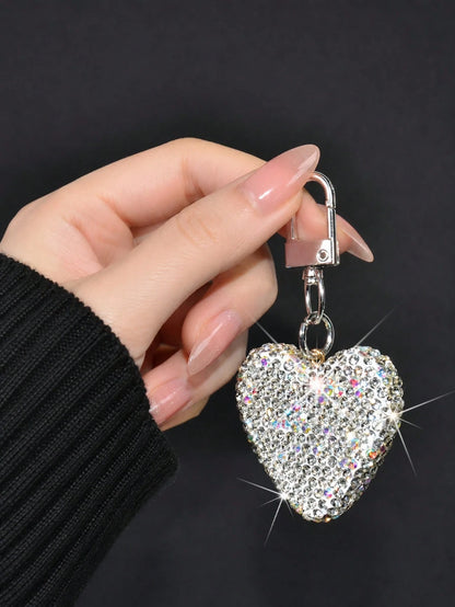 1 Set Silver Super Shiny Luxury Rhinestone Long Phone Heart Buckle Crossbody Lanyard, Creative Sparkling Rhinestone 3D Heart Car Key Chain Bag Charm Pendant, Women's High-End Fashion Full Rhinestone P