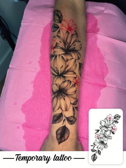 1 Sheet: Exquisite Black Ink Line Art Realistic Lily Design- Floral Temporary Tattoo Decal. Ideal For Parties, Weddings, And Special Events. Nature-Inspired Design & Party Accessory. Lasts 3–5 Days.