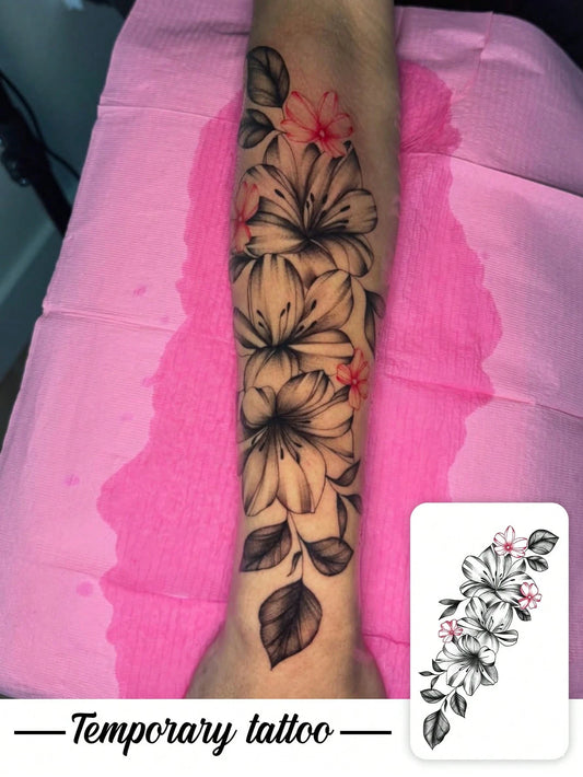 1 Sheet: Exquisite Black Ink Line Art Realistic Lily Design- Floral Temporary Tattoo Decal. Ideal For Parties, Weddings, And Special Events. Nature-Inspired Design & Party Accessory. Lasts 3–5 Days.