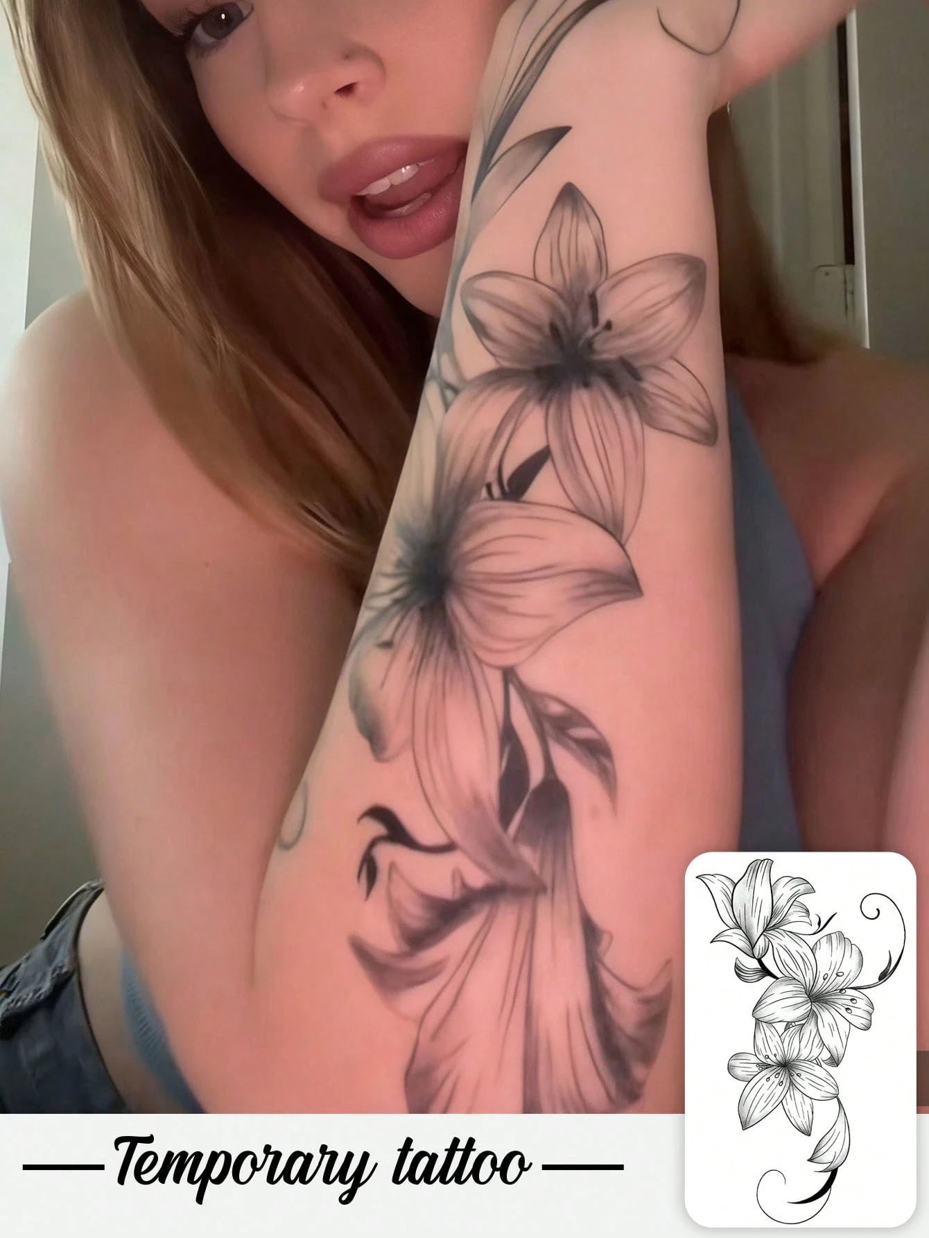 1 Sheet: Exquisite Black Ink Line Art Realistic Lily Design- Floral Temporary Tattoo Decal. Ideal For Parties, Weddings, And Special Events. Nature-Inspired Design & Party Accessory. Lasts 3–5 Days.