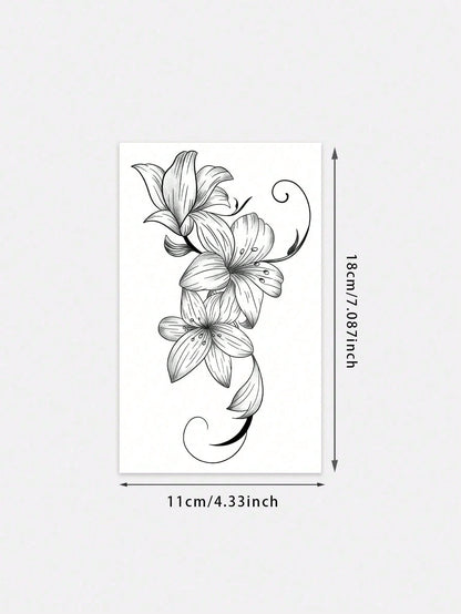 1 Sheet: Exquisite Black Ink Line Art Realistic Lily Design- Floral Temporary Tattoo Decal. Ideal For Parties, Weddings, And Special Events. Nature-Inspired Design & Party Accessory. Lasts 3–5 Days.