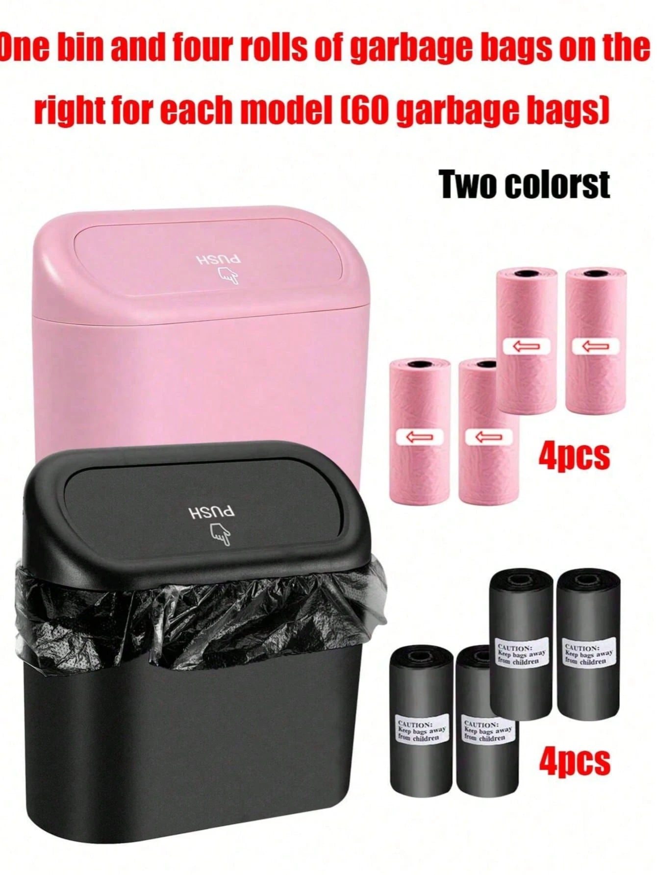 1 Trash Can And 4 Rolls Of Trash Bags (15 Bags Per Roll, 60 Bags Total), 2 Colors Available, Super Cute And Super Practical Car Trash Can And Trash Bags