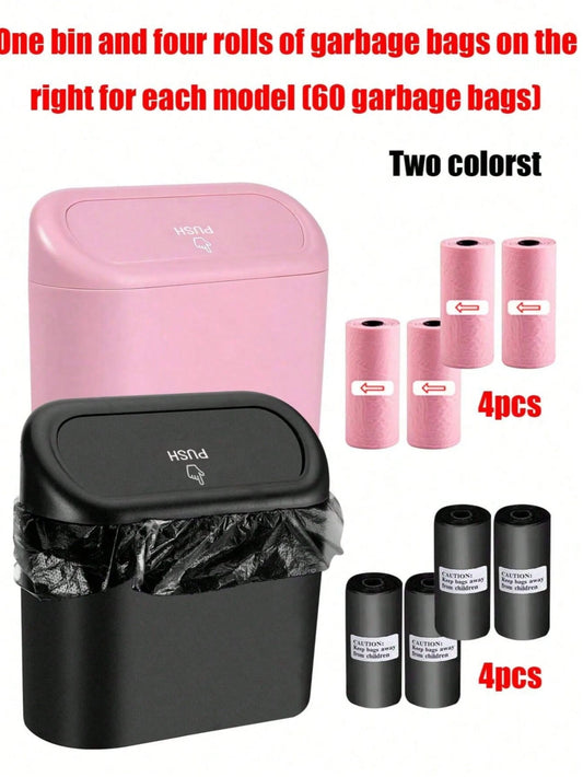 1 Trash Can And 4 Rolls Of Trash Bags (15 Bags Per Roll, 60 Bags Total), 2 Colors Available, Super Cute And Super Practical Car Trash Can And Trash Bags