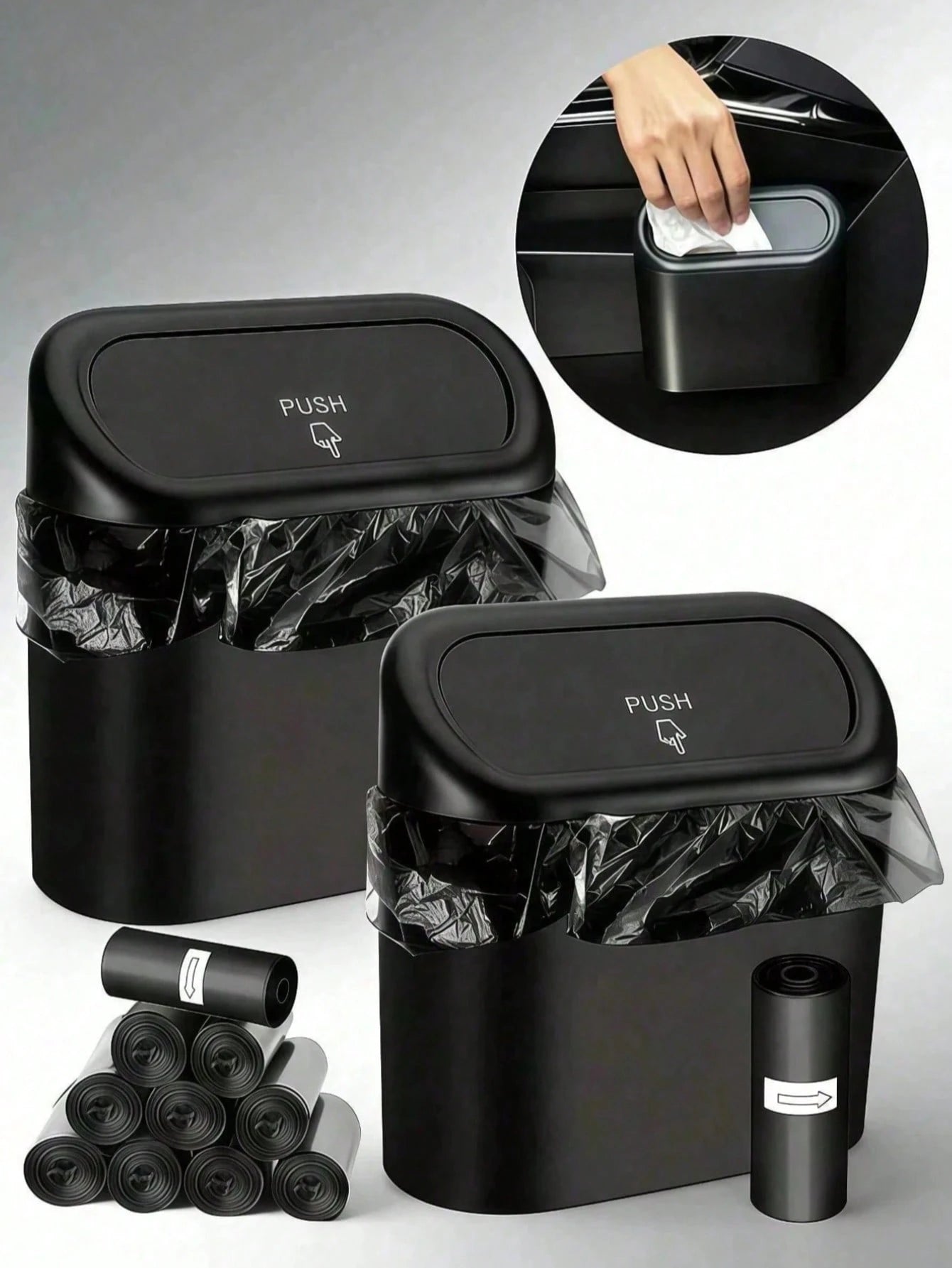 1 Trash Can And 4 Rolls Of Trash Bags (15 Bags Per Roll, 60 Bags Total), 2 Colors Available, Super Cute And Super Practical Car Trash Can And Trash Bags