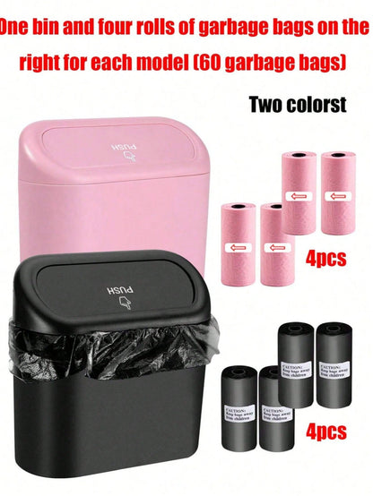 1 Trash Can And 4 Rolls Of Trash Bags (15 Bags Per Roll, 60 Bags Total), 2 Colors Available, Super Cute And Super Practical Car Trash Can And Trash Bags