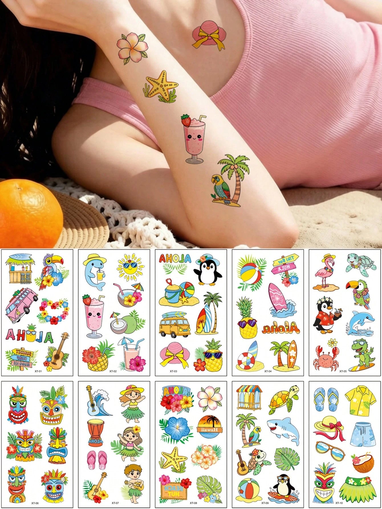 10 Sheets Temporary Tattoos For Summer Holiday Body Decar, Hawaiian Summer Theme Tattoo Stickers, Pineapple, Juice, Coconut, Lifebuoy Stickers Body Art, Fake Tattoo For Women