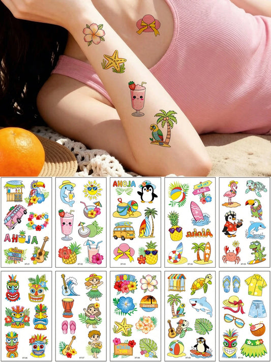 10 Sheets Temporary Tattoos For Summer Holiday Body Decar, Hawaiian Summer Theme Tattoo Stickers, Pineapple, Juice, Coconut, Lifebuoy Stickers Body Art, Fake Tattoo For Women