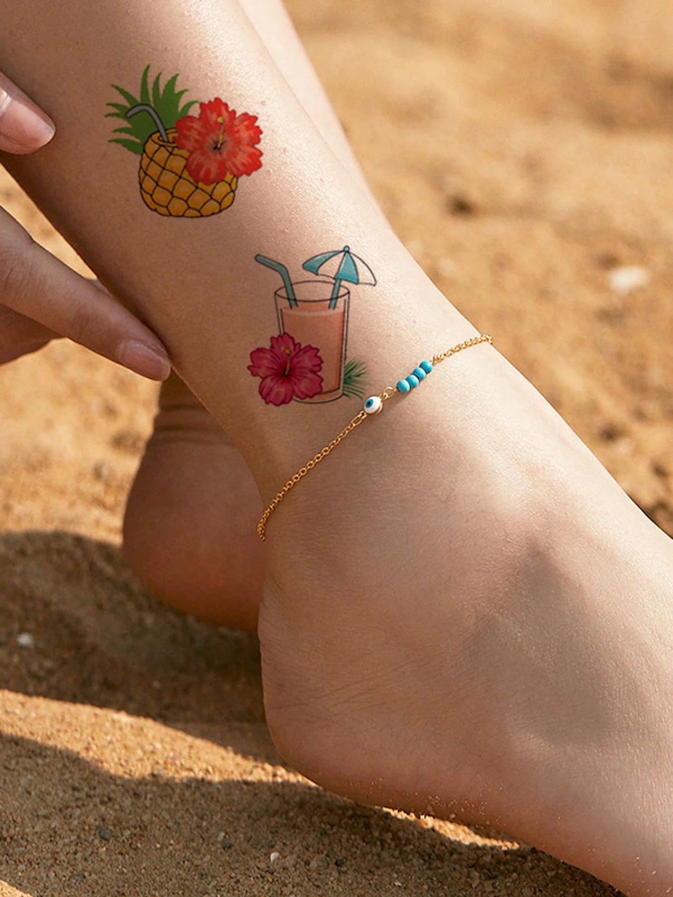 10 Sheets Temporary Tattoos For Summer Holiday Body Decar, Hawaiian Summer Theme Tattoo Stickers, Pineapple, Juice, Coconut, Lifebuoy Stickers Body Art, Fake Tattoo For Women