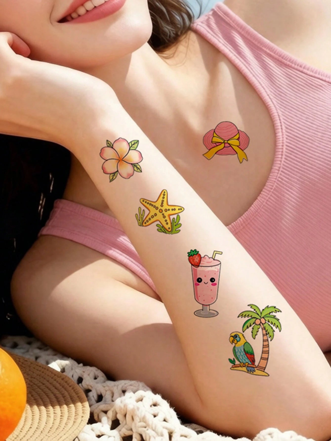10 Sheets Temporary Tattoos For Summer Holiday Body Decar, Hawaiian Summer Theme Tattoo Stickers, Pineapple, Juice, Coconut, Lifebuoy Stickers Body Art, Fake Tattoo For Women